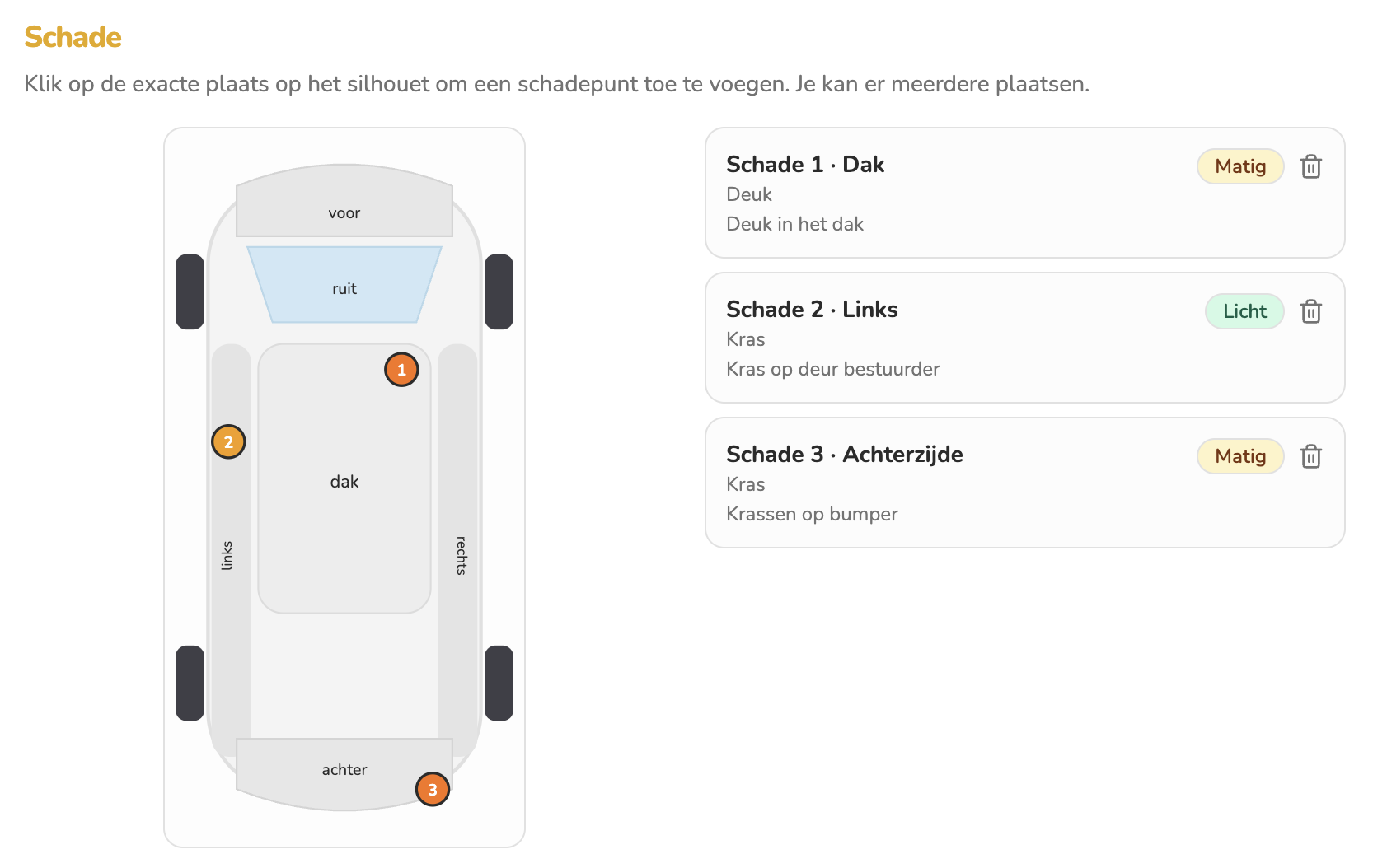 Car Check — schade aanduiden op het voertuigsilhouet met schadepunten en detailkaart